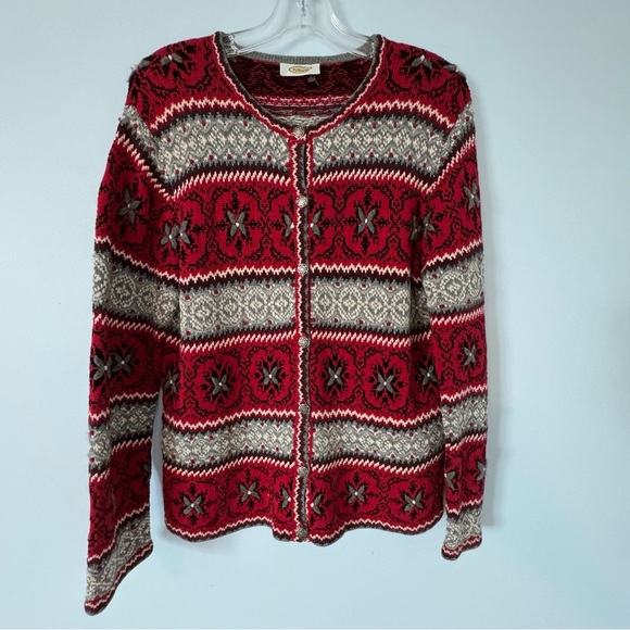 Talbots Fair Isle Cardigan Sweater Red Gray Black Knit Button Front cabincore - Picture 1 of 5
